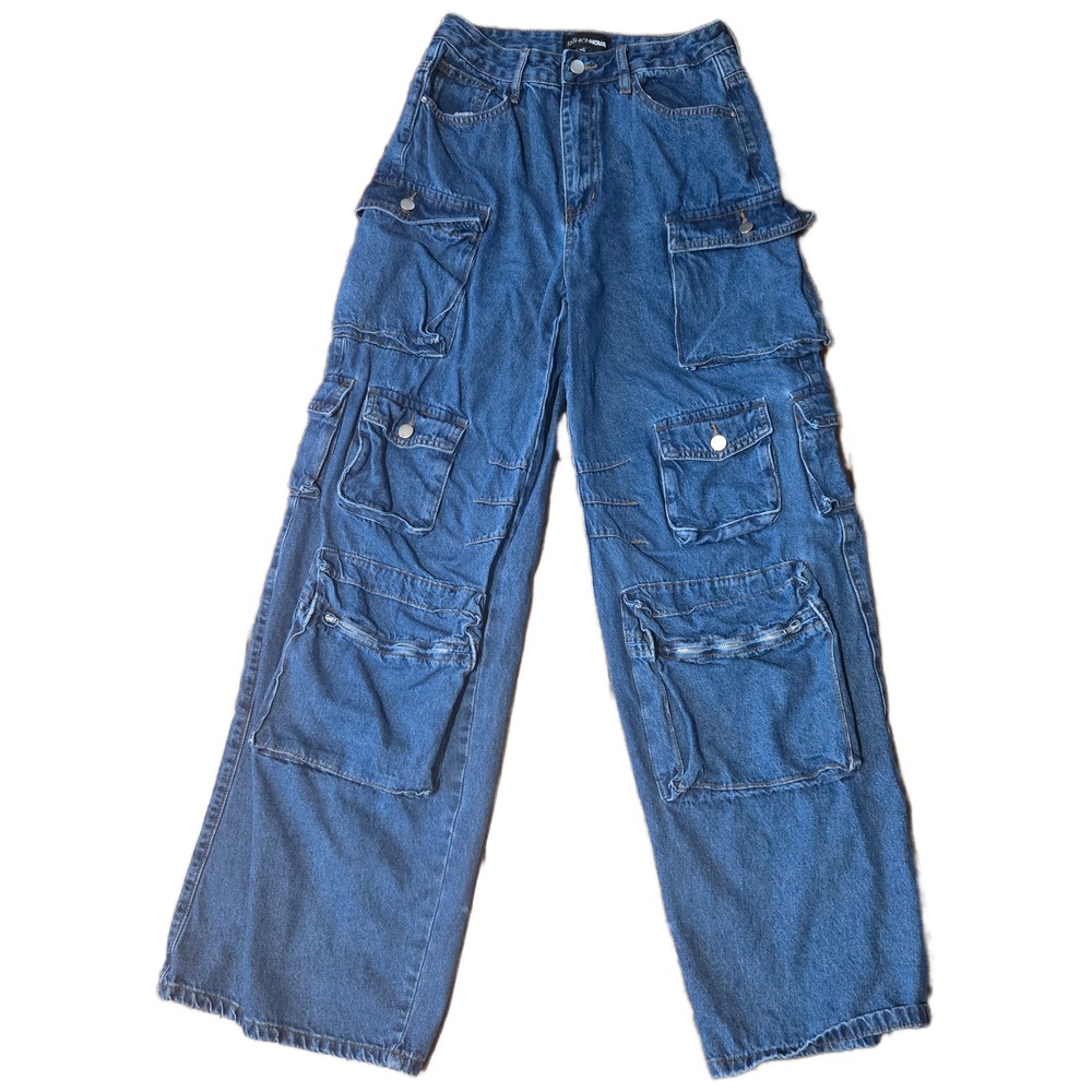 Y2K Fashion Nova Womens Cargo Jeans Blue Wide Leg Multi Pocket Utility Denim 9